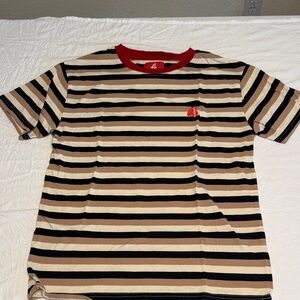 Classic Striped Beige and Black Tee with Red Accents